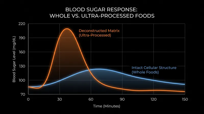 Industrially pre-digested foods bypass the body's natural fiber brakes, causing rapid nutrient floods.