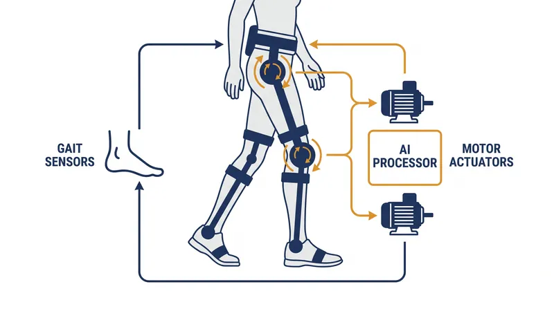 Modern exoskeletons use AI to analyze a user's stride hundreds of times per second, applying targeted torque to assist movement.