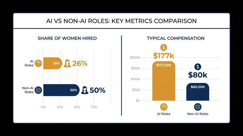 The compensation premium in artificial intelligence roles is accompanied by a significant drop in female representation compared to the broader labor market.