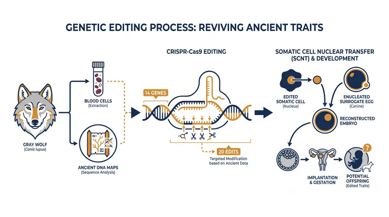 The de-extinction process relies on editing the modern gray wolf genome rather than cloning ancient DNA.