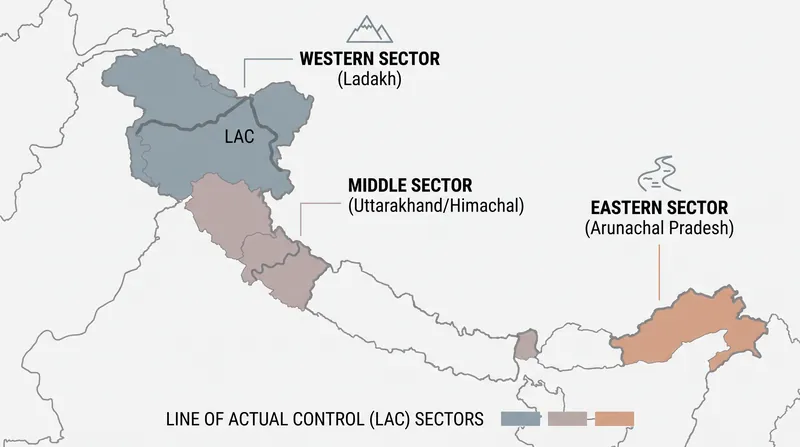 The Line of Actual Control is divided into three distinct geographic sectors.