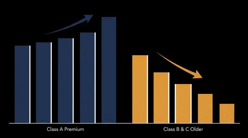 The market recovery is heavily bifurcated, with demand concentrating in top-tier assets while older buildings struggle.