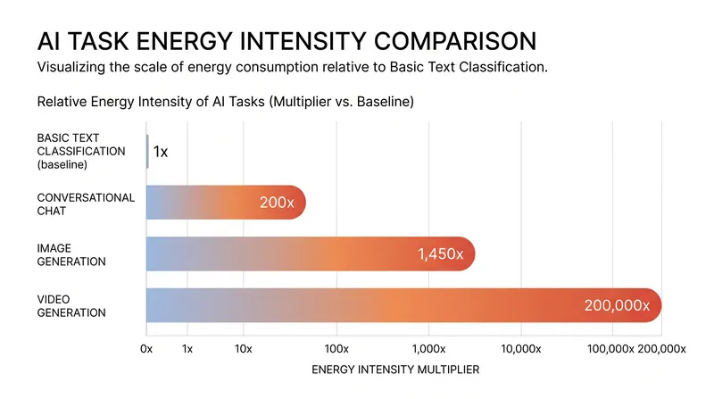 Generating images and video requires exponentially more energy than basic text classification.