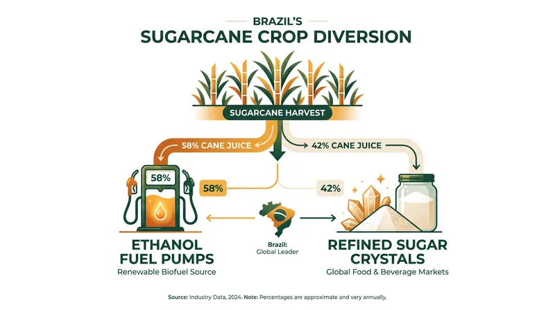 By mid-2026, nearly 58 percent of Brazil's cane juice was diverted into ethanol production.