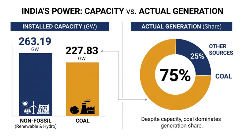 While non-fossil sources now represent the majority of installed capacity, coal continues to dominate actual electricity generation.