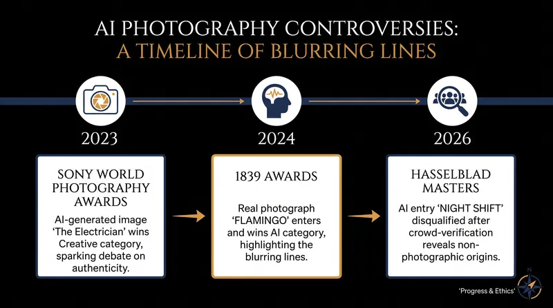 A timeline of high-profile AI disqualifications in elite photography competitions.