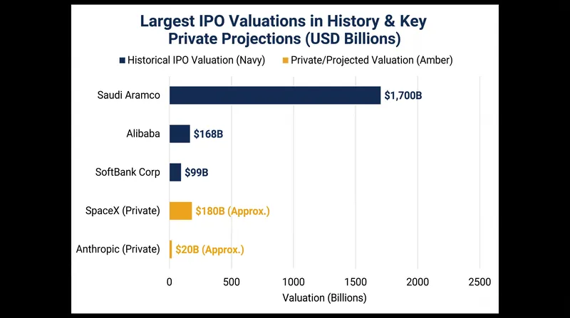 Anthropic's projected $2 trillion debut would surpass SpaceX's June 2026 listing as the largest in history.