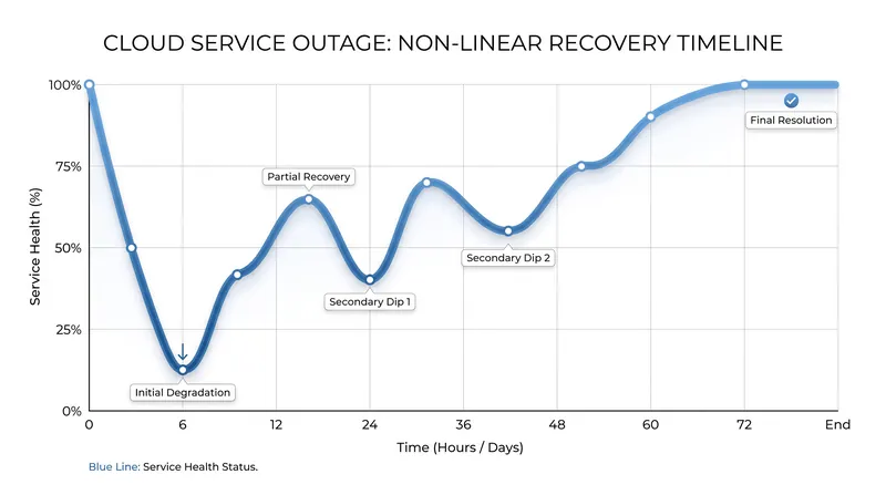 The recovery process was non-linear, with services fluctuating between stability and renewed degradation.