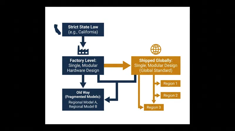 Because manufacturers rely on economies of scale, the strictest state law effectively becomes the global design standard.