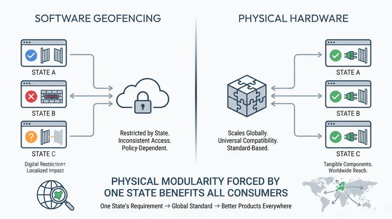 While software can theoretically be restricted by location, physical hardware changes scale globally.