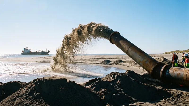 Beach nourishment operations pump millions of cubic yards of sand onto shorelines to counteract natural erosion.