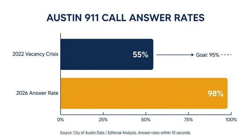 Austin Police Chief Lisa Davis noted that 98% of 911 calls to APD in 2026 were answered within 15 seconds.