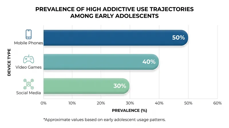 A significant percentage of youths exhibited high or increasing addictive use patterns across different digital mediums.