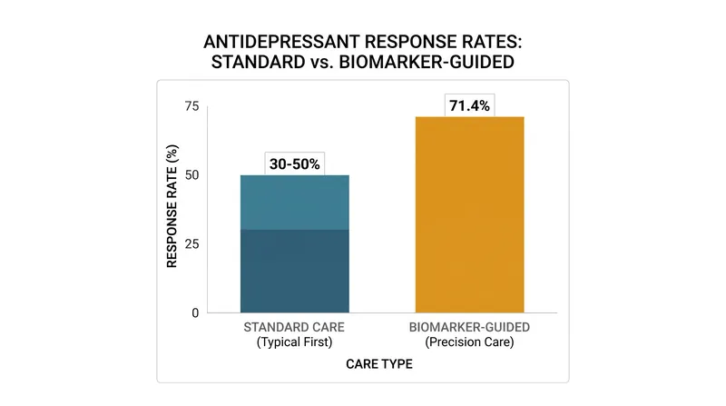 Biomarker-guided selection significantly outperforms the historical 30 to 50 percent success rate of first-line antidepressant prescriptions.