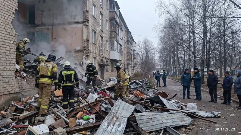 Emergency personnel respond to residential damage caused by falling drone debris in the Moscow region.