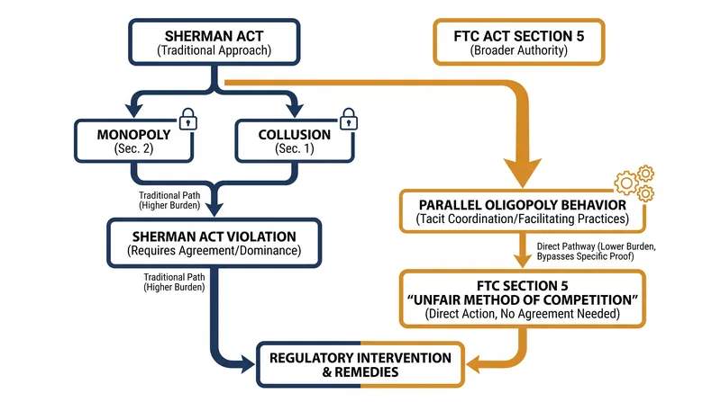 Unlike traditional antitrust laws, Section 5 allows regulators to target parallel industry practices without proving explicit collusion.