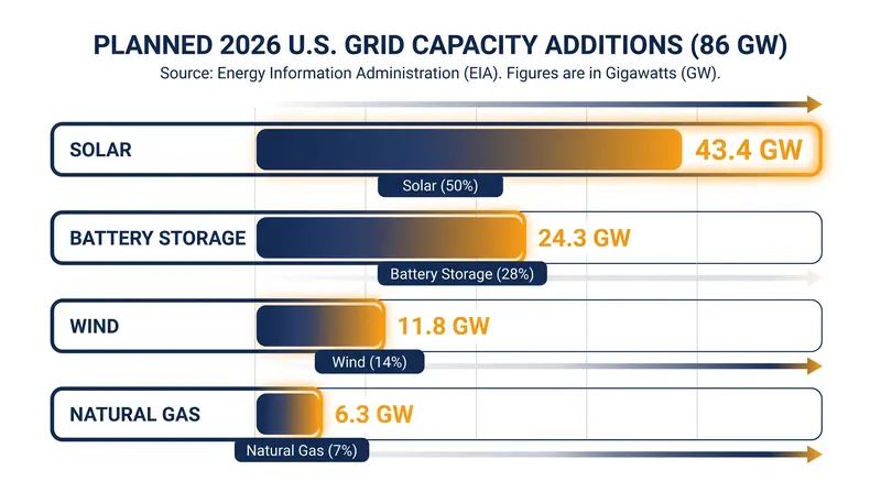 Renewables and storage dominate the 2026 capacity pipeline, leaving natural gas at just 7%.