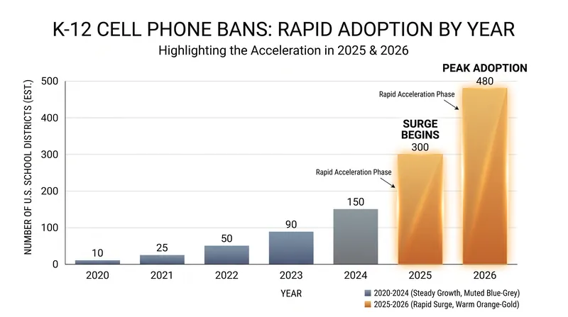 The legislative momentum for phone-free schools accelerated dramatically between 2024 and 2026.