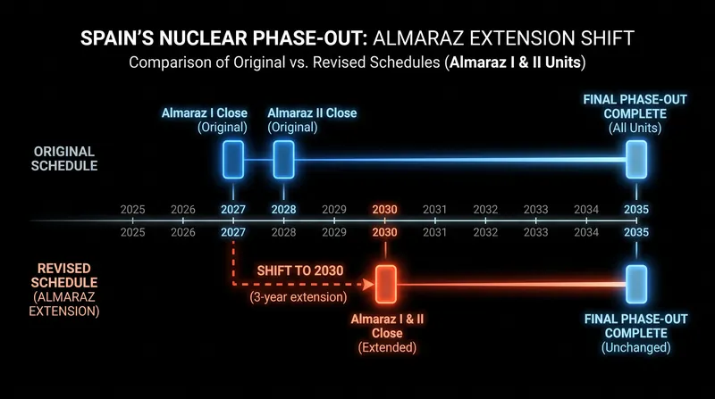 The revised timeline delays the closure of Spain's oldest reactors but maintains the 2035 fleet shutdown target.