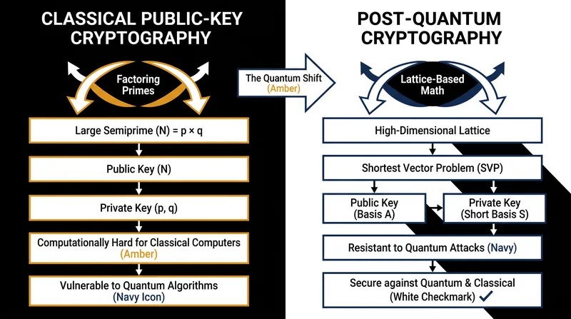 Classical encryption relies on factoring primes, while PQC uses complex lattice structures.