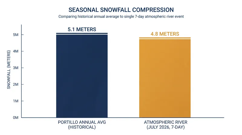 The July 2026 atmospheric river compressed 94% of a typical winter's snowfall into a single seven-day window.