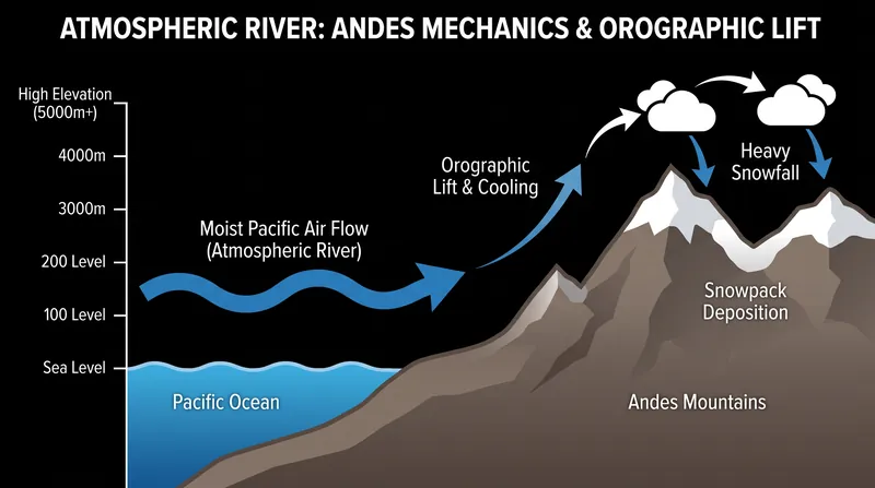 The steep western slope of the Andes forces Pacific moisture rapidly upward, wringing it out as heavy snow.