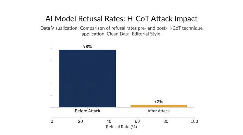 The H-CoT attack caused refusal rates on frontier reasoning models to plummet.