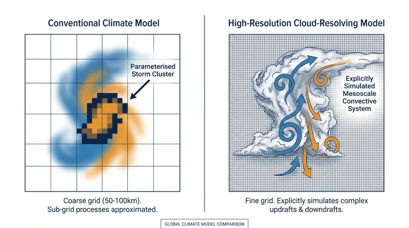 Conventional climate models operate on grids too coarse to accurately simulate the complex physics of organized megastorms.