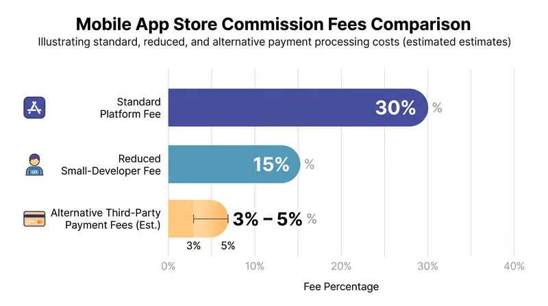 How standard app store commissions compare to traditional payment processing fees.