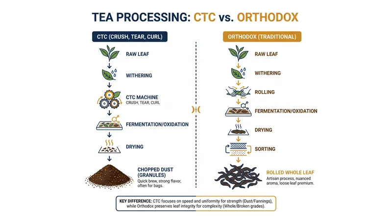 Orthodox processing preserves the whole leaf, resulting in a premium product that commands higher international prices than standard CTC tea.