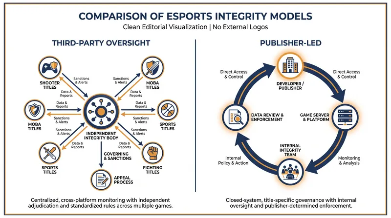 Comparing the structural differences between independent oversight and publisher-led enforcement.