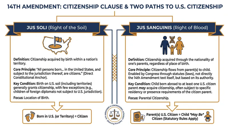 The Fourteenth Amendment codified 'jus soli,' ensuring citizenship is determined by birthplace rather than parentage.