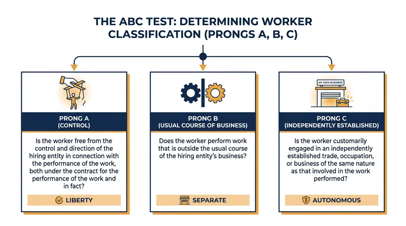 The three prongs of the ABC test, all of which must be satisfied to classify a worker as an independent contractor.