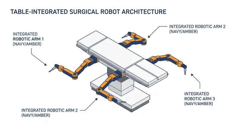 Unlike traditional systems that use bulky floor carts, Ottava's arms are built directly into the operating table.