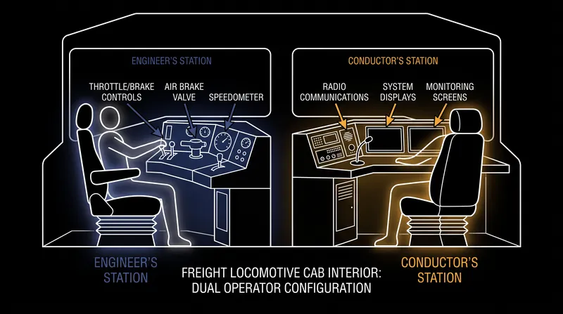 A two-person crew divides the critical tasks of operating the train and managing communications.