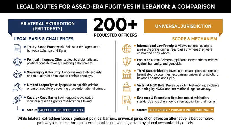 Lebanon faces a choice between bilateral extradition and international tribunals for over 200 requested Assad-era officials.