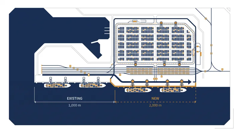The ongoing expansion will double the terminal's deep-sea quay length to accommodate multiple ultra-large vessels simultaneously.