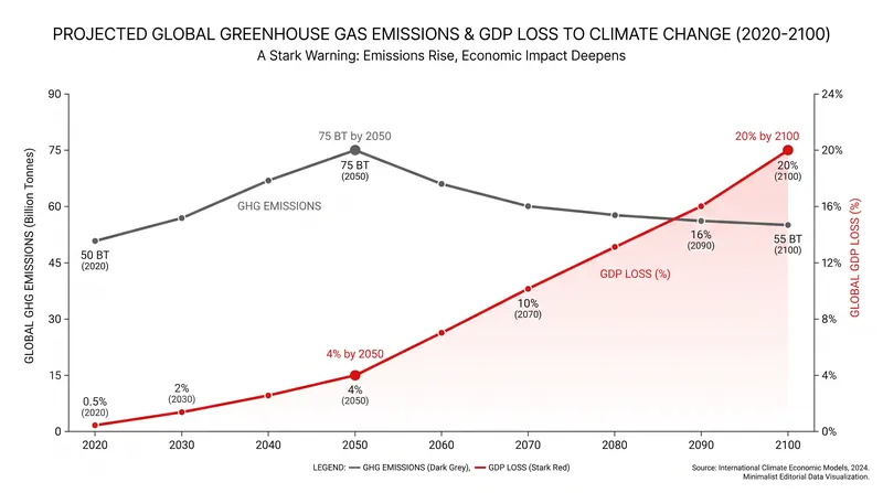 Projected emissions growth and the resulting economic contraction over the next century.