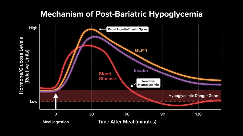 In PBH, an exaggerated release of GLP-1 triggers the pancreas to produce too much insulin, causing a rapid blood sugar crash.