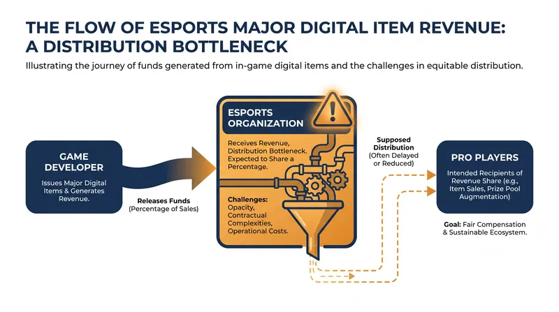 How tournament digital revenue flows from developers to organizations, creating a potential bottleneck for player payouts.