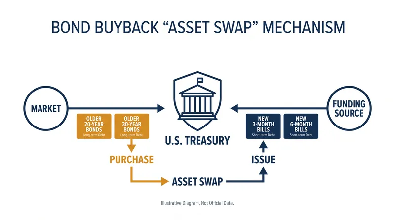 The Treasury's operation swaps long-term debt for short-term bills, injecting liquidity without creating new money.