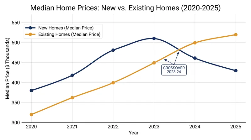 The historic inversion: Existing home prices have surpassed new construction prices.