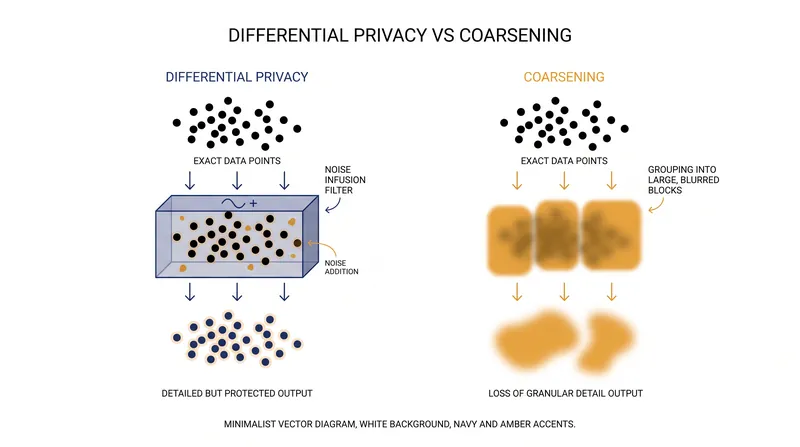 Noise infusion allows for granular data release by adding statistical uncertainty, while coarsening protects privacy by blurring the details entirely.