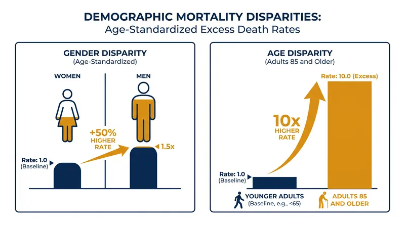 The mortality burden was highly unequal, with older adults and men experiencing significantly higher excess death rates.