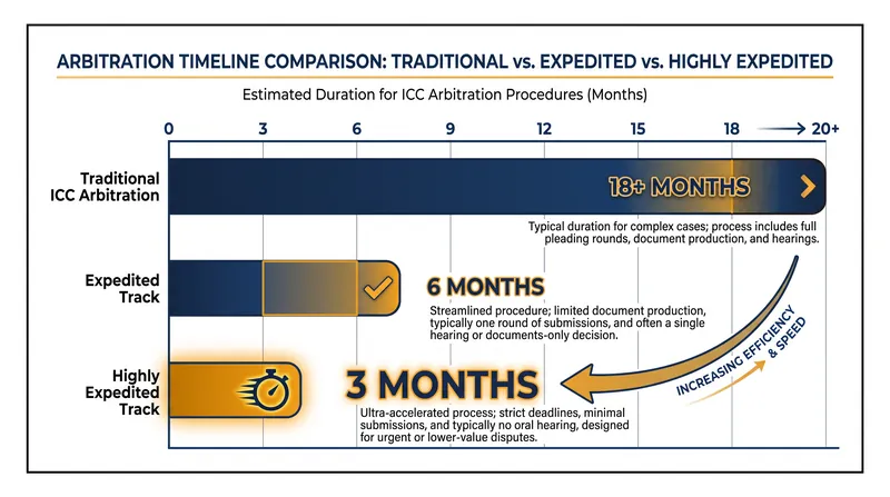 A comparison of maximum timelines across the ICC's three primary dispute resolution tracks.