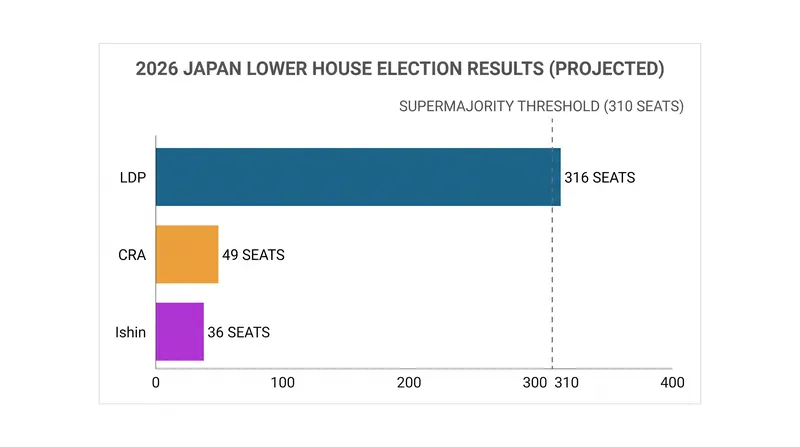 The Liberal Democratic Party secured 316 seats, comfortably surpassing the 310-seat threshold required for a two-thirds supermajority.