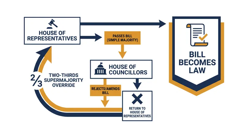 A two-thirds majority in the lower house allows the ruling party to override upper house vetoes, granting unprecedented legislative control.