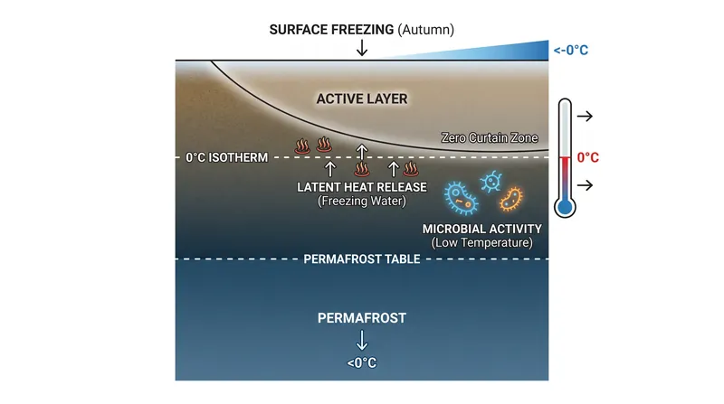 Latent heat released during freezing maintains a subsurface thermal plateau, allowing liquid water and microbial activity to persist.