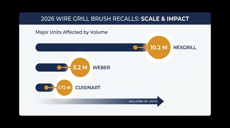 Over 15 million wire grill brushes have been recalled in 2026 due to bristle ingestion hazards.