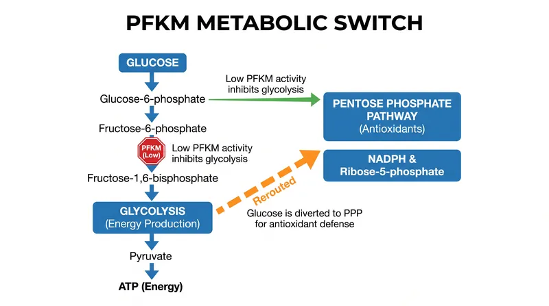When PFKM levels are low, glucose is rerouted to produce protective antioxidants instead of energy.